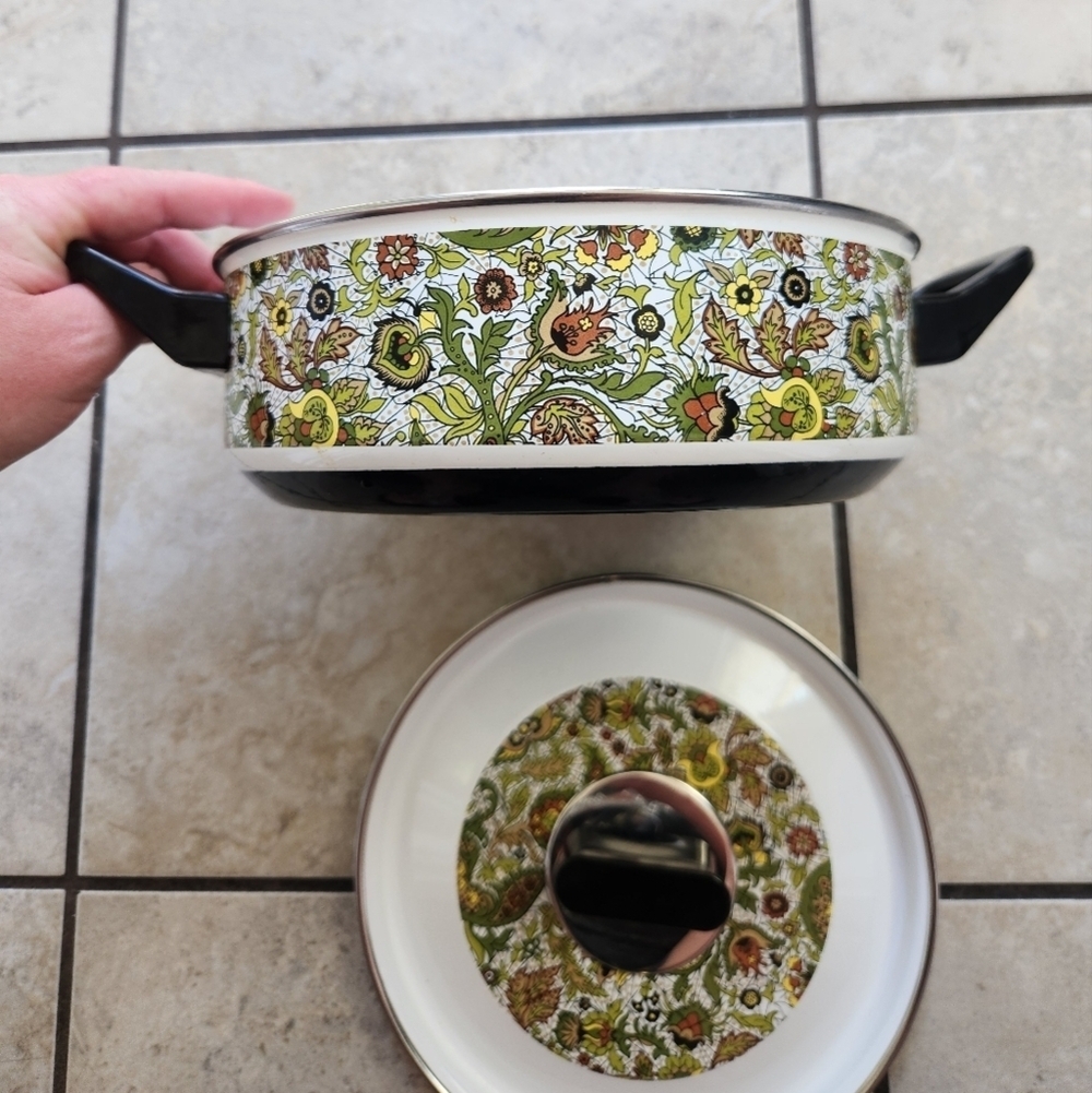 Vintage Japy Enamel Pot/Pan With Lid Flroal MCM Print
